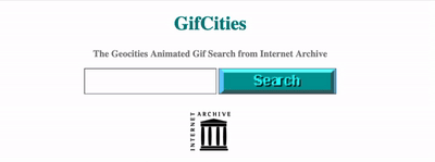 an animated screenshot of 'gifcities' with a search bar and rotating internet archive gif